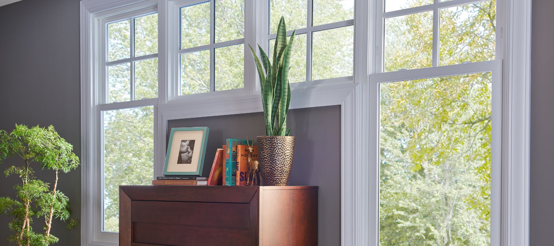 A bright interior features a large window with white frames looking out onto green trees, with a wooden dresser holding a plant and books below